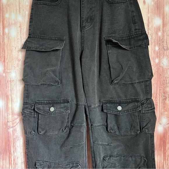Micas Black Multi Pocket Rolled Hem Wide Leg Cargo Jeans Size Small 2-4 - Picture 7 of 15